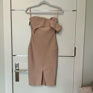 Strapless Taupe Bodycon Dress with Asymmetric Ruffle